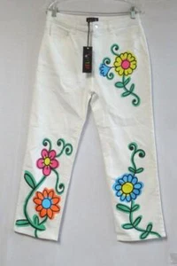 Dolls Kill Delia's White Denim Jean Pants Sz L Unique Flower Power, Super Cute - Picture 1 of 12