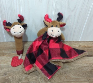 Trend Lab Moose Reindeer Brown Red Black Buffalo Plaid Baby Security Blanket set - Picture 1 of 11