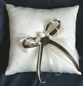 NEW Ring Bearer Pillow Ivory with Brown Ribbon Rhinestone/Pearl Accented 8"x8" - Picture 1 of 9