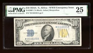 DBR 1934-A $10 North Africa Silver STAR Fr. 2309* PMG 25 Serial *01146165A - Picture 1 of 2