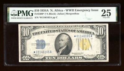 DBR 1934-A $10 North Africa Silver STAR Fr. 2309* PMG 25 Serial *01146165A - Image 1 of 2