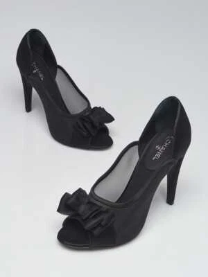 Chanel Black Mesh and Satin Bow Peep Toe Pumps Size 10.5/41 - Image 1 of 4