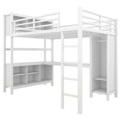Full Size Metal Loft Bed with Wardrobe & L-shaped Desk & Storage Cubes & Shelves - Image 1 of 4