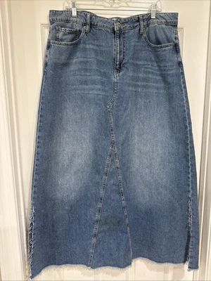 Lucky Brand SZ 16/33 Maxi Denim Skirt Side Slits Frayed Hem Blue Medium Wash - Image 1 of 4