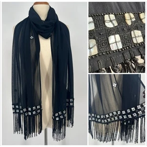 Sheer Black Embellished Shawl Wrap Seashell Glass Beaded Fringe Scarf Bohemian - Picture 1 of 7