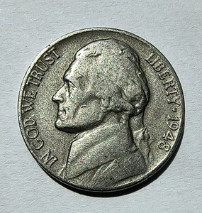 1948 Monticello Thomas Jefferson Nickel with "Smeared' Lettering! No Mint Mark - Picture 1 of 6