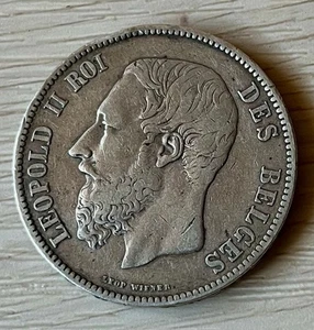 MONNAIE BELGIQUE ARGENT 5 FRS LEOPOLD II - 1865 - Picture 1 of 2