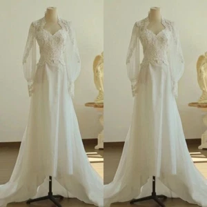 1970s Wedding Dresses Victorian Long Sleeves Chiffon Summer Vintage Bridal Gowns - Picture 1 of 12