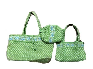 3 Piece Vera Bradley -Tote Bag -Purse -Makeup Bag -Green Paisley Flower - Picture 1 of 11