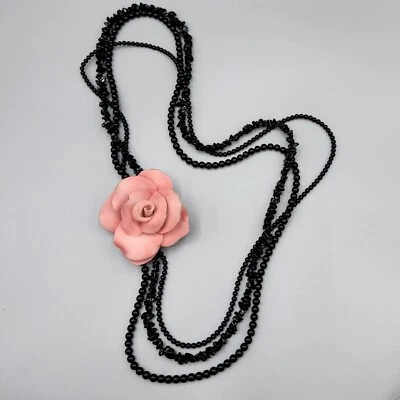 1980s Signed Dated Onyx Bead Ceramic Pink Rose Brooch Pendant Necklace 32" - Image 1 of 4