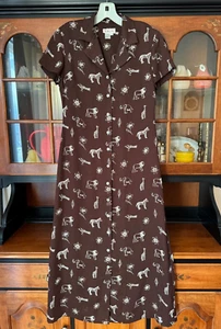 VINTAGE 90's TALBOTS BROWN MAXI DRESS SIZE 4 AFRICAN SAFARI  LION ELEPHANT  BIRD - Picture 1 of 8