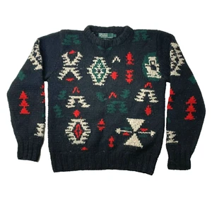 Polo Ralph Lauren Men L Hand Knit Heavy Sweater Black Southwestern Aztec Pattern - Picture 1 of 6