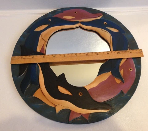 Dolphin Mirror~Wooden Hand Painted Mirror~Made in Indonesia~12" diameter~EUC Cover