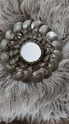Beautiful Hand Made Rustic Scallop Seashell Nickel Metal Small Mirror - Image 1 of 4