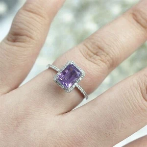 3ct Emerald Natural Amethyst & Diamond Accent Halo Ring 14k SOLID White Gold - Picture 1 of 13