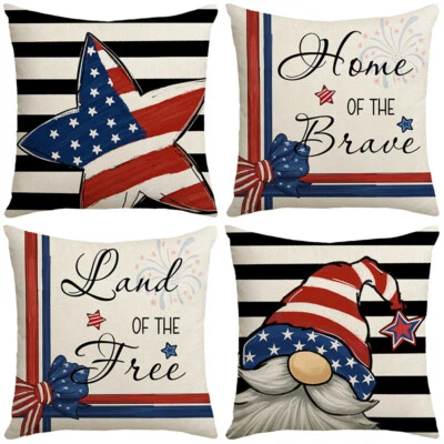 4th of July Decorations Pillow Covers 18x18 Set of 4 Gnomes Stars Cushion Case - Image 1 of 4