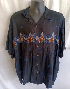 Thums Up Mens Hawaiian Shirt 2X Black Multicolor Tropical Print Short Sleeve - Picture 1 of 6