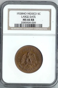 MEXICO, 1928, 5 Centavos, NGC MS 66 RB, Large Date , Key date - Picture 1 of 3