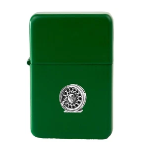 F9 Fishing Reel Pewter design on a GREEN flip top petrol lighter windproof - Picture 1 of 1
