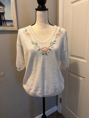 Camisa Dana Scott Vintage Tejida Bordada Damas Grande Floral Ramio y Algodón Foto 1 de 4