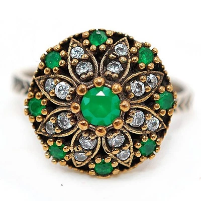 Ottoman Empire Style 1CT Treated Emerald 925 Sterling Silver Ring Sz 8 H4-3 - Image 1 of 2