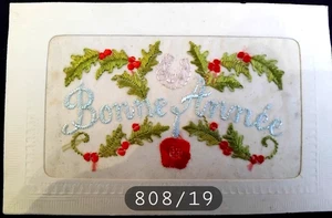 Nr. 808/19 - Postkarte gestickt Frohes Neues Jahr geschrieben - Bild 1 von 2