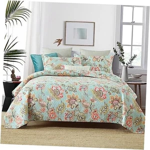 Cotton Bedspread Bedding Coverlet Quilt Sets, Queen Blue Vintage Floral Pattern - Picture 1 of 7