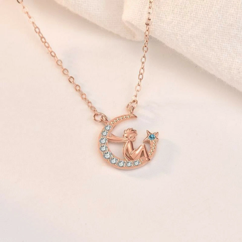 Collana Piccolo Principe Argento 925 - Ciondolo Stella Mezzaluna Regalo per... - Immagine 1 di 4
