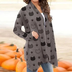 Womens Halloween Cardigan Pumpkin Cat Print Long Sleeve Open Front Plus Size - Picture 1 of 16