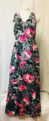 Maxi Vestido Halter Vintage 1970 Para Mujer Gris Rosa Neón Floral Pequeño Hecho en Japón Foto 1 de 4