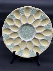 Large VTG Hand Painted Majolica Deviled Egg Platter Yellow Green Fern Leaves - Picture 1 of 11
