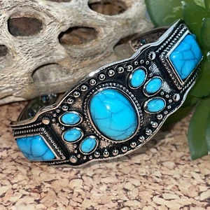 BLUE TURQUOISE SILVER WESTERN SOUTHWEST BRACELET Wear Cuff Cowgirl summer - Picture 1 of 9
