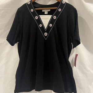 Cathy Daniels Womens L short sleeve black Embroidered Top Cotton Twill - Picture 1 of 8