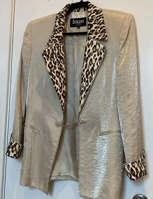 FAB VINTAGE CACHE SOLINI CHAMPAGNE METALLIC BLAZER LEOPARD RHINESTONE DETAIL 80S - Image 1 of 4