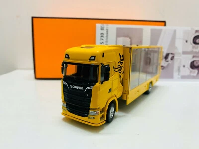 GCD Scania 730 S Enclosed Double Deck Tow Truck 1/64 DieCast Model Yellow - Image 1 of 4