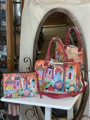 Anna Anuschka Hand Painted Large Satchel Purse W/Makeup Bag Village Of Dreams - Image 1 of 4