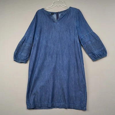Talbots Denim Shirt Dress Womens 14P Blue Cotton Back Zip V-Neck Full Sleeves - Image 1 of 4