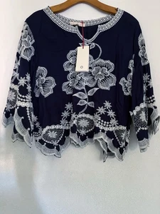 Solitaire Top Tunika Damen L blau weiß Blumen Stickerei cropped Boho Fee - Bild 1 von 9