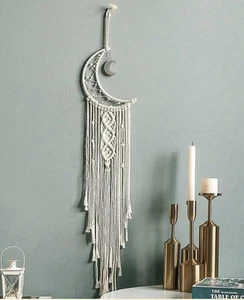 Crescent Moon Macrame Wall Hanging Tapestry Woven Beaded Boho Decor Cream Silver - Picture 1 of 10