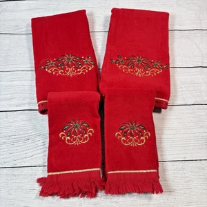 Vintage 4tlg Weihnachten Handtuch Set 2 Hände 2 Fingerspitzen Rot Gold Stickerei Weihnachtsstern - Bild 1 von 5