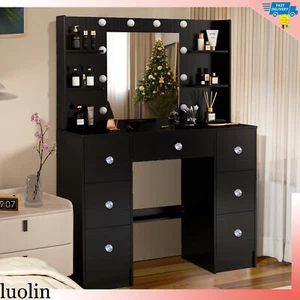 7 Drawers Makeup Vanity Desk & 10 LED Lighted Mirror Dressing table with Shelves - Picture 1 of 10
