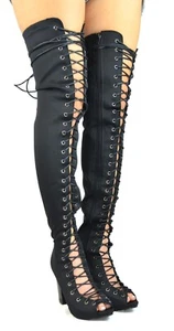 Botas peep-toe con cordones por encima de la rodilla para mujer - Botas gladiador hasta el muslo - Imagen 1 de 16