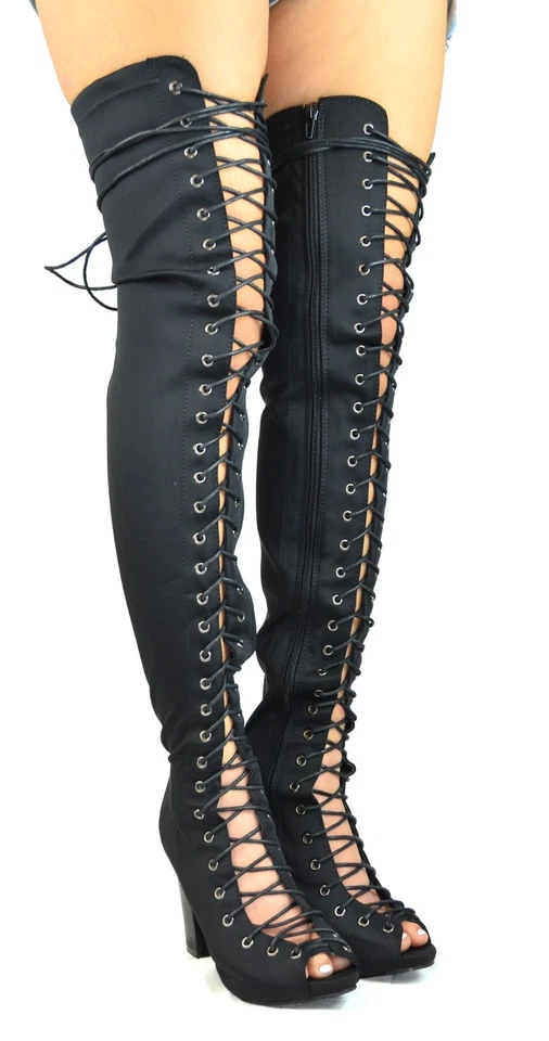 Women's Lace-Up Over-the-Knee Peep-Toe Boots - Gladiator Thigh-High Boots - Image 1 of 1