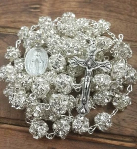 White Clear Zircon Crystal Beads Rosary Catholic Necklace Miraculous Medal Cross - Picture 1 of 6