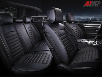 All Black PU Leather Full Set Seat Covers Protector Padded For Kia Hyundai - Image 1 of 4