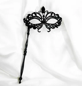Butterfly Mask with Stick, Masquerade Ball Mask, Black Crystal Masquerade Mask - Picture 1 of 7