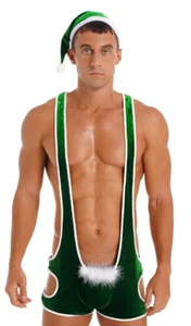 ๐
๐ฝ Velvet Jockstrap Romper with Fur Trim & Hat Sexy Cut-Out Club Rave Green XL - Picture 1 of 4