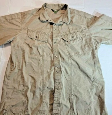 Gander Mountain Brown Khaki Denim Short Sleeve Fishing Snap Shirt Mens Large - Image 1 of 4