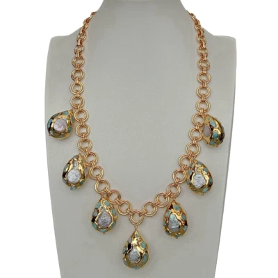 Collar Festón Cadena Chapado en Oro Larimar Azul Perla Moneda Blanca 21" Foto 1 de 4