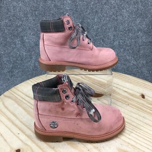 Timberland Boots Youth Girls 13 Premium Plaid Combat Pink Leather Waterproof - Picture 1 of 17